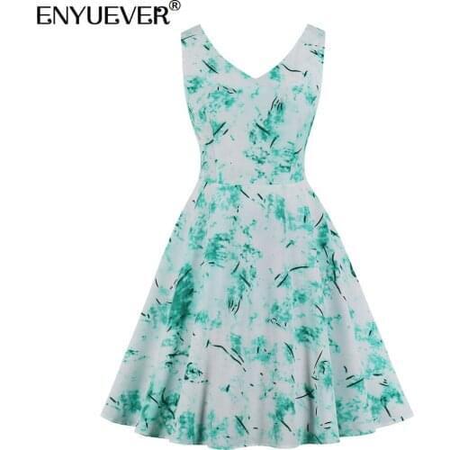 Enyuever Short Women Summer Dress Casual Clothes Sleeveless V Neck Robe Pin Up Swing Green Tie Dye Print Vintage Dress