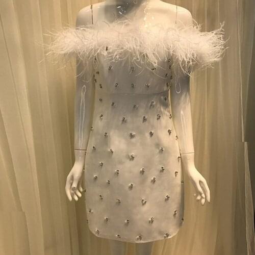 Women Off Shoulder Diamonds Feather Dress Strapless Elegant Sweet 2021