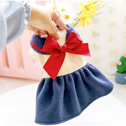 Winter Dog Cat Princess Dress Clothes Puppy Big Bow-tie Dresses Overalls Chihuahua Teddy Navy Blue Skirts Clothing for Small Dog