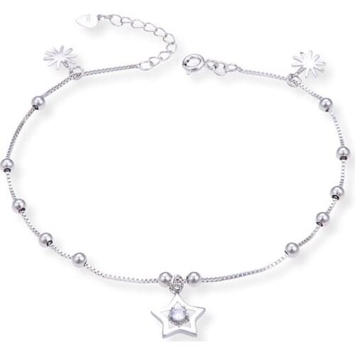 Noble Women Anklet 925 Sterling Silver Star Beads Flower Anklet Student Girl Fresh Decoration Jewelry Girl Foot Accessories
