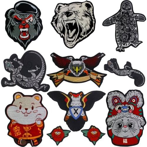 Large Embroidery Bear Wolf Penguin Lizard Eagle Owl Flower Applique Mouse Patches Iron on Jacket Badge Emblem 1pc TH1982