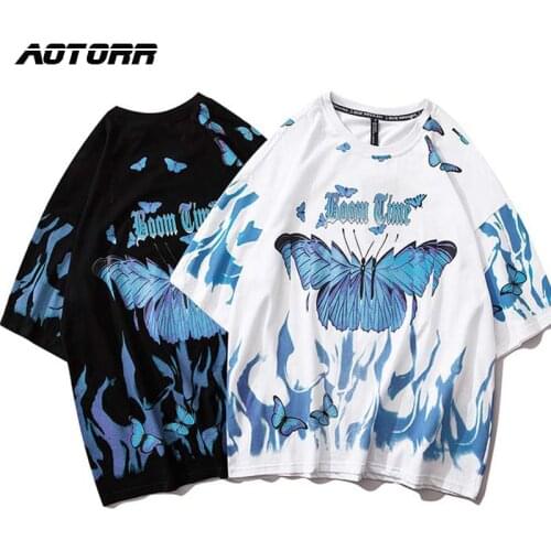 Mens Hip Hop Tshirts Blue Butterfly Streetwear Men Harajuku Summer Short Sleeve T-Shirt Cotton Tops Tees Male Oversize Clothes