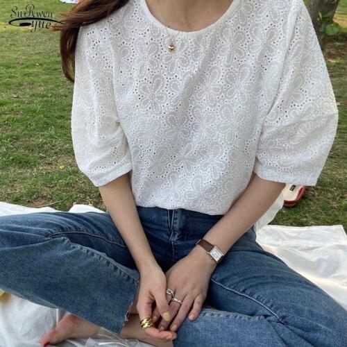 Korean Fashion Womens Shirt Short Sleeve Loose Embroidery Female Tops Cotton Lace O-neck Loose Hollow Out Casual Blouses 14820