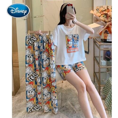 Hot sale Woman cartoon Mickey Minnie print pajamas girl summer and autumn three-piece short-length home service suit