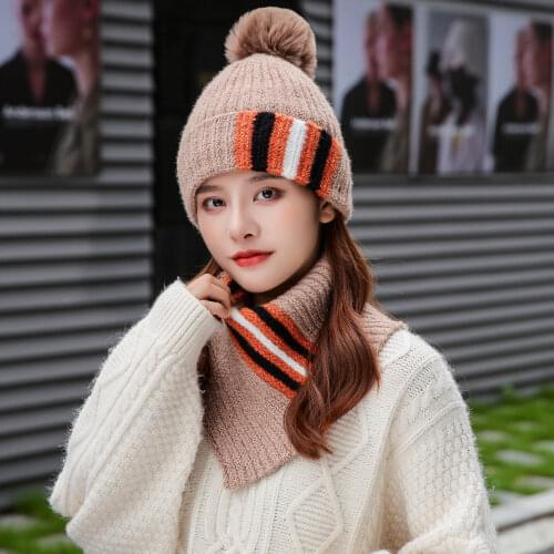 Womens Pompom Ball Cute Hat Knit Plush Faux Rabbit Fur Hats Winter Windproof Warm Ear Protect Bomber Russian Hat And Scarf Set