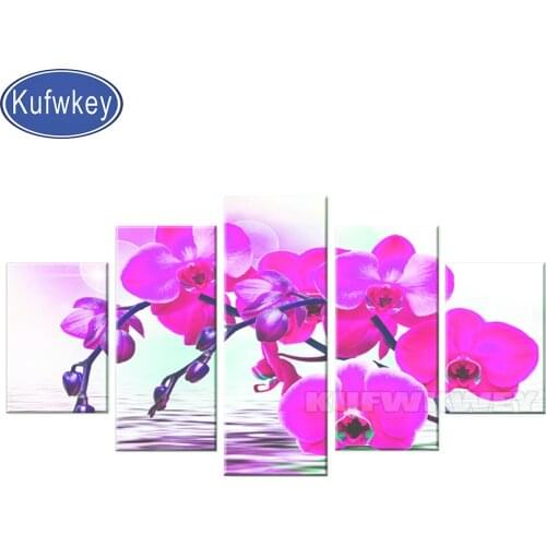 5 Panel Pink Flowers 5d diy diamond painting diamond embroidery square full round of drill mosaic kit For Living Room Home Decor