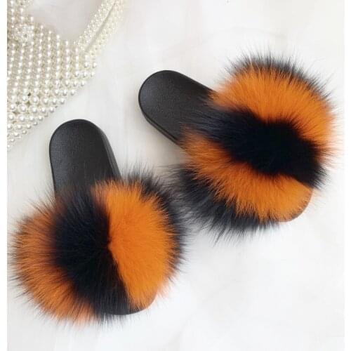 Wholesale Womens Summer Furry Slides Childrens/Kids Fox Fur Slippers Ladies Rainbow Plush Sandals Girl Luxury Fluffy Flip Flop