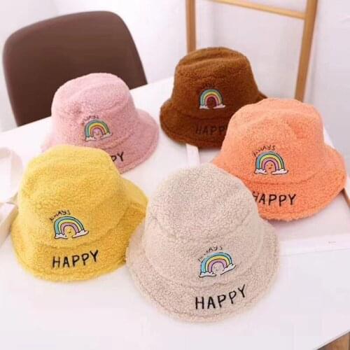 Kids Fall Winter Bucket Hat Cartoon Embroidery Boys Girls Fishing Caps Toddler Korean Shearling Bob Cap Kids Cute Panama Hats