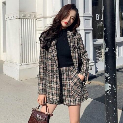 Vintage Plaid Tweed Shorts Suit Set For Women Spring Autumn Chic Double Breasted Long Sleeve Blazer Jacket + High Waist Shorts