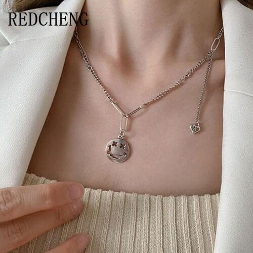 REDCHENG 925 Sterling Silver Necklaces for Women New Fashion Creative Hot Sale Funny Grimace LOVE Heart Party Fine Jewelry Gifts