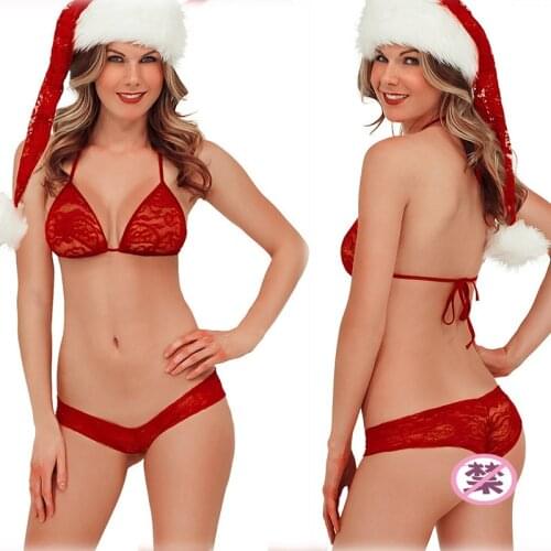 Sexy Red Three-point Lace Perspective Christmas Dress With the Christmas Hat Bra Low Waist Underwear Sex Lingerie Suit