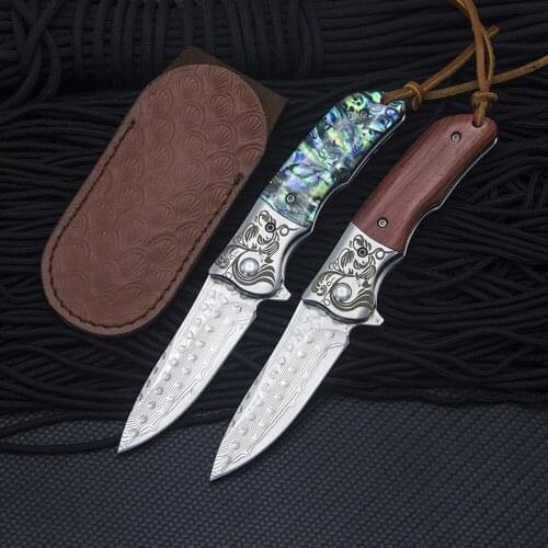 Steel Head Damascus Folding Knife 59HRC Handle Material Steel Head Shell/Natural Rosewood Outdoor Camping Pocket EDC Knife