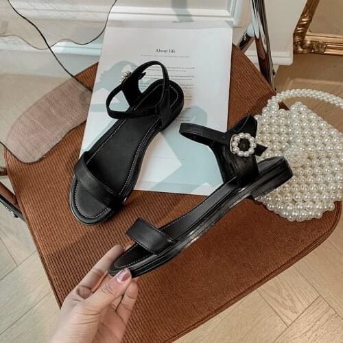 SKLFGXZY Summer New Product Women Sandals Fashion Genuine Leather Womens Shoes Pearl Clasp Cowhide Girls Sandals