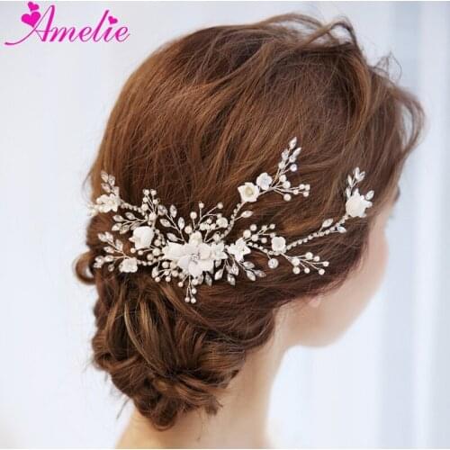 Wedding Hair Ornaments Rhinestone Chain Porcelain Flower Hair Side Comb Bridal Headpiece Women Hair Comb Party Hair Accessories