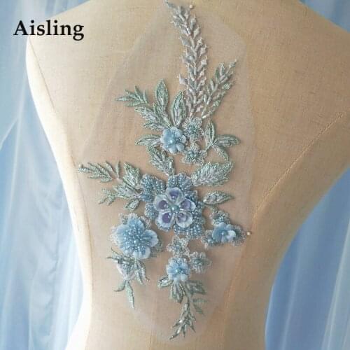 High Quality Embroidery Lace Collar Pearl Beaded Sequin 3D Flowers Lace Applique Wedding Dress Decor Neckline Floral Patch P083