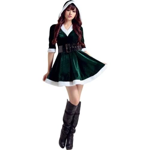 Green Christmas Costume 3SFC150 Sexy Elegant Pajamas Ruffled Hooded Nightclub Dress with White