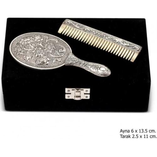Daisy Pattern Mirror Comb Silver Set