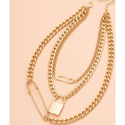 2021 Ins Gold Chunky Chain Double Layers Safety Pin Lock Key Necklaces Trendy Korean Fashion Minimalist Party Women Chic Jewelry