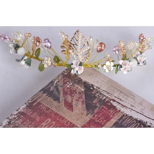 Gold Handmade Beaded Flower Wedding Tiara Hair Jewelry Bridal Crown Accessories Women Headband