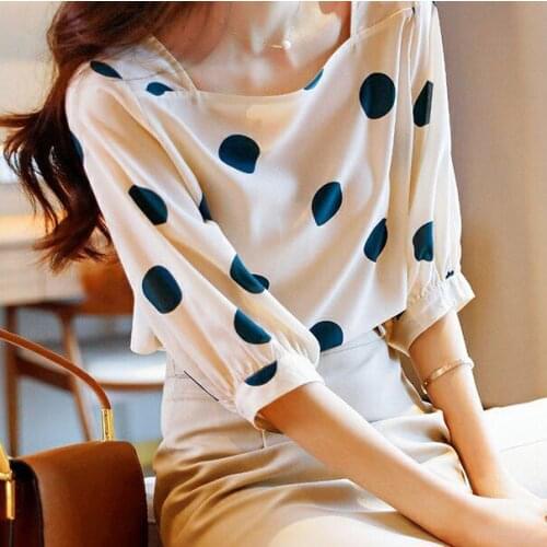 Polka Dot 5 / s chiffon shirt womens 2021 spring summer new mini shirt French square collar shirt fashion temperament top