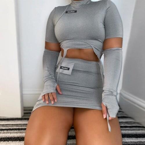 2021 Fashion New Spring Women Two Piece Outfits Stylish Turtleneck Crop Top with Arm Sleeves Mini Pencil Skirt Clubwear Set