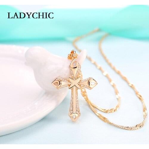 LADYCHIC Classic Gold Color Cross Pendant Paved with Micro Zirconia Christian Jesus Necklaces Fashion Jewelry Accessories LN1080