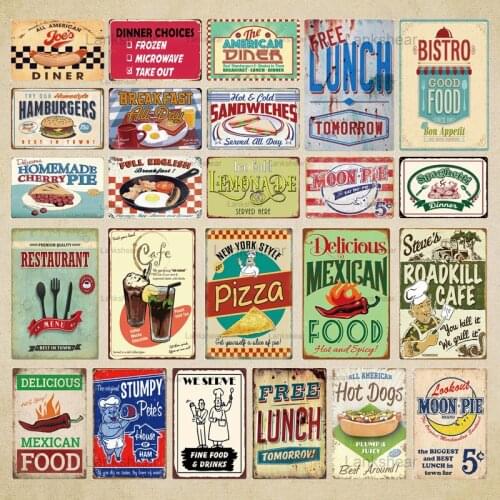 Retro Diner Food Tin Sign Vintage Pizza Hot Dogs Plate Iron Plate Painting Plaque Restaurant Bar Kitchen Cafe Shop Room Decor