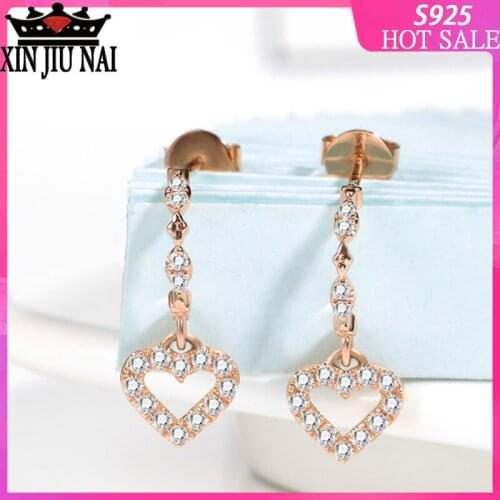 18K Rose Gold Long Earrings Romantic Pink Princess Cute Heart-Shaped Arched Hypoallergenic Female S925 Sterling Silver Earrings