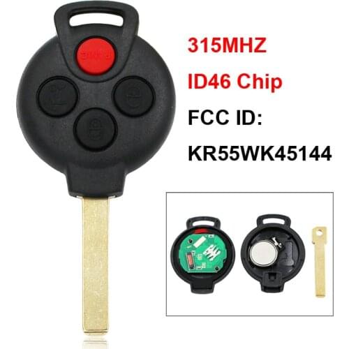3+1/4 Button Remote Smart Car Key 315MHz with ID46 Chip FCC ID: KR55WK45144 for Mercedes Benz 2005-2015 Smart Fortwo Uncut Blade