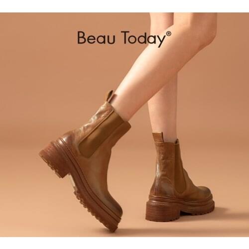 BeauToday Chelsea Boots Women Horsehide Leather Retro Waxing Round Toe Elastic Band Lady Platform Sole Shoes Handmade 03503