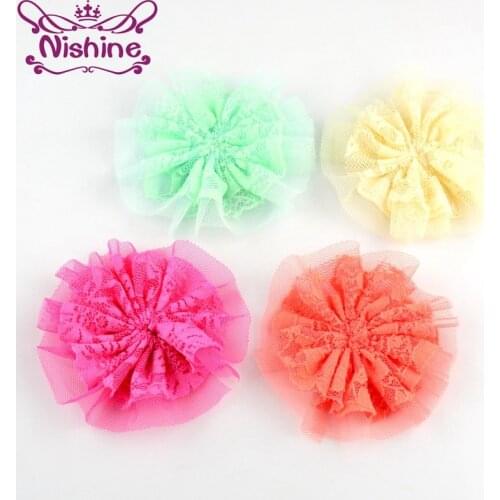 Nishine 120pcs/lot Boutique Soft Hair Flowers 3.5inch Silk Lace Flower Accessories for Headband Hair Clip Hat Garment