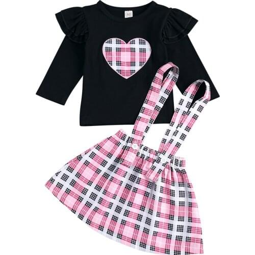 Valentines Days Infant Kids Girls Clothes Sets Long Sleeve Heart Plaid Print T Shirts Strap Dress 2pcs