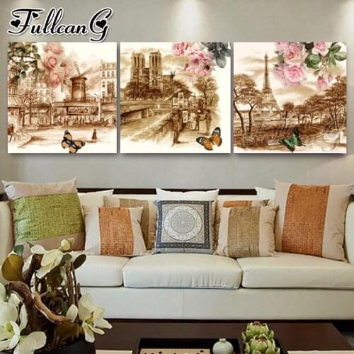 FULLCANG 5d diy diamond embroidery sale vintage french landscape triptych painting full square round mosaic pattern kit FC3289