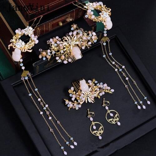 JaneVini 2019 Chinese Vintage Bridal Headdress with Earrings Ancient Jewelry Light Pink Hairpins Beaded Wedding Hair Accessories