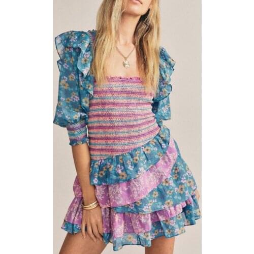 Jastie Ruffle Square Neck Puff Sleeve Mini Dress Boho Floral Print Women Dresses Smocked Layered hem Short Party Dress Summer