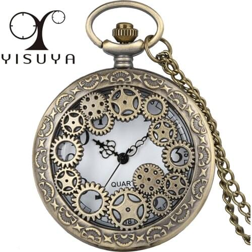 Half Hunter Bronze Gearwheel Design Quartz Pocket Watch Classic Retro Necklace Pendant Clock Antique Watch Gifts Men Women