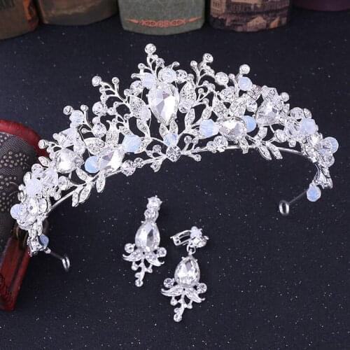 FORSEVEN Luxury 1Set Wedding Crytal Bridal Jewelry Handmade Rhinestone Crown Tiaras Earrings Set Women Jewelry Accessories JL