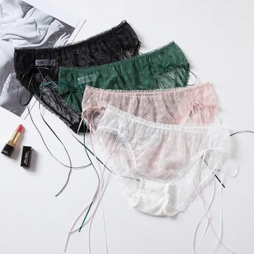 Lace Sexy Women Panties Flower Ribbon Briefs Transparent Underpants Lingerie Temptation Low-waist Female Hollow Out Underwear