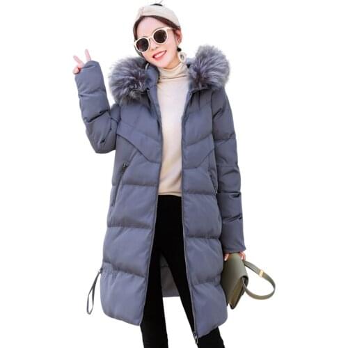 Women New Winter Keep Warm Korean Version Pregnant Women Down Pad Cotton Jacket Thick Solid Colorlong Section Fur Collar Coat
