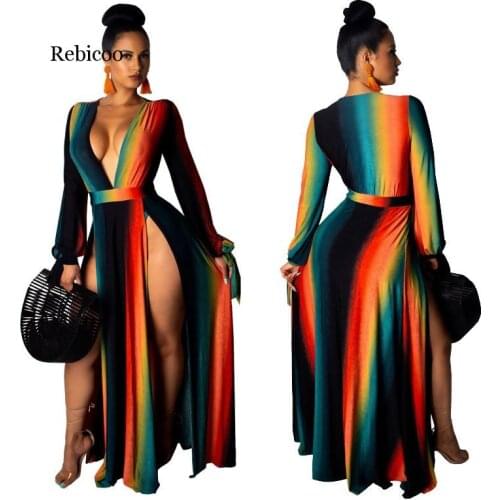 Summer Women Fashion Boho Long Maxi Dress Girl Striped Beach Dresses Colorful Rainbow Splits Dress Vestido