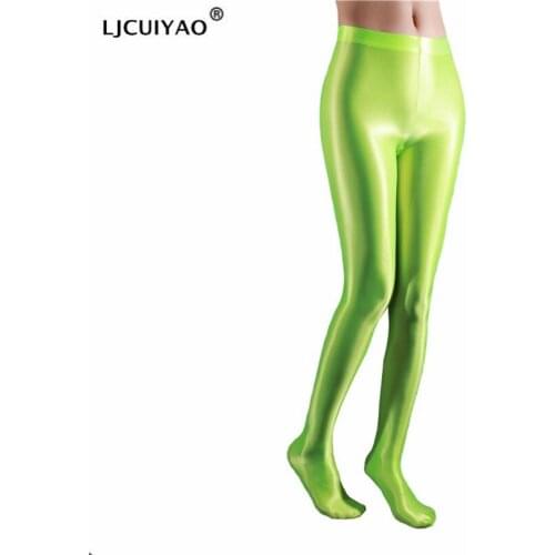LJCUIYAO Sexy Women Stripe Oil Gloosy Pencil Pant Shiny Full Smooth See Through Leggings Candy Color Dance Wear Wrap Foot Bottom