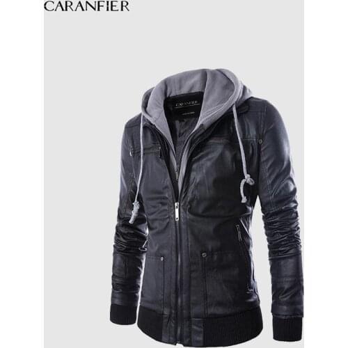 CARANFIER Mens Leather Jackets Casual Hooded Motorcycle PU Coats Slim Fit Long Sleeve Zipper Black Outerwear Casacos Masculinos