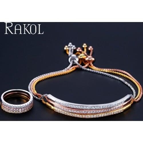 RAKOL Minimalist Style Cubic Zirconia Round Simple Rings Bracelets Set for Women Female Wedding Party Birthday Gift Accessories