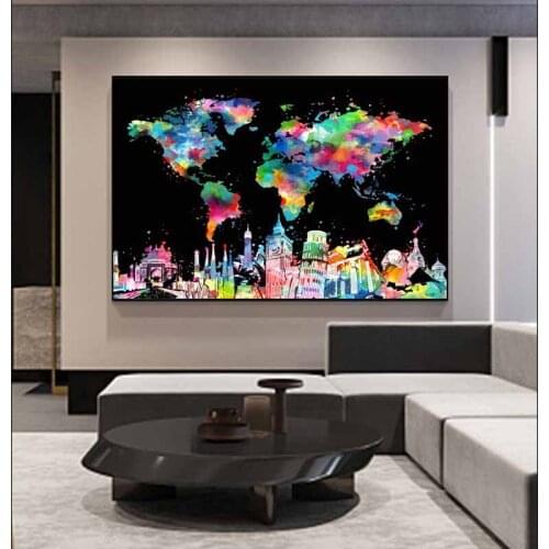 One Piece Abstract Colorful World Map Posters Wall Art Pictures Canvas HD Print Home Decor Oil Paintings Living Room Decoration