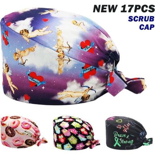 Wholesale Scrub Cap 100% Cotton Cupid Printing Adjustable Nursing Hat Beauty Salon Pet Shop Lab Working Accessories Scrubs Caps
