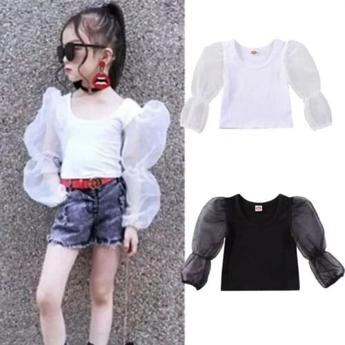 0-5Y Toddler Kid Baby Girl T Shirts Tops Solid Long Lace Puff Sleeve Pullover Fashion Top Summer Outfits