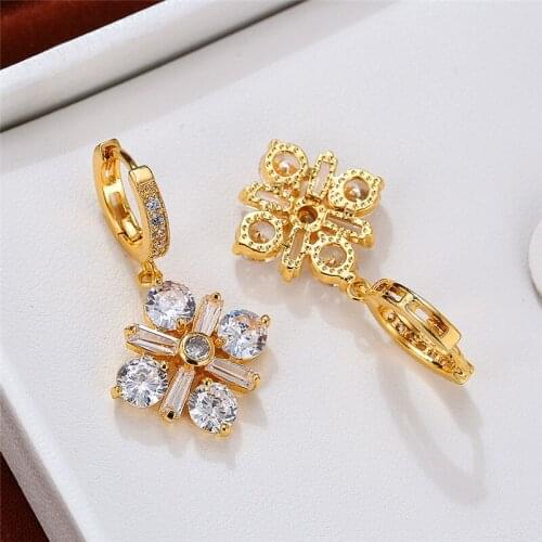 Luxury Female White Round Crystal Earrings Rose Gold Silver Color Hoop Earrings Dainty Cross Square Wedding Earrings For Women
