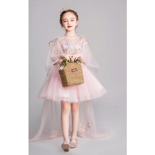Flower Girls Pink Dress Wedding Party Princess Dress Trailing Wedding Children Evening Clothing Birthday Formal Evening Costume
