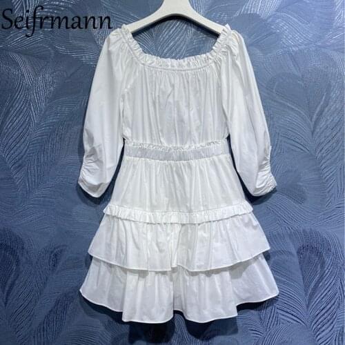 Seifrmann New 2021 Summer Women Fashion Designer Party Mini Dress Sexy Slash neck Ruffles Elastic Waist White Printed Dresses