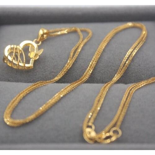 Fine Pure 18K Yellow Gold Lucky Wheat Chain Necklace with 18K Gold Heart Butterfly Pendant / 45cmL Chain / Best Gift For Woman